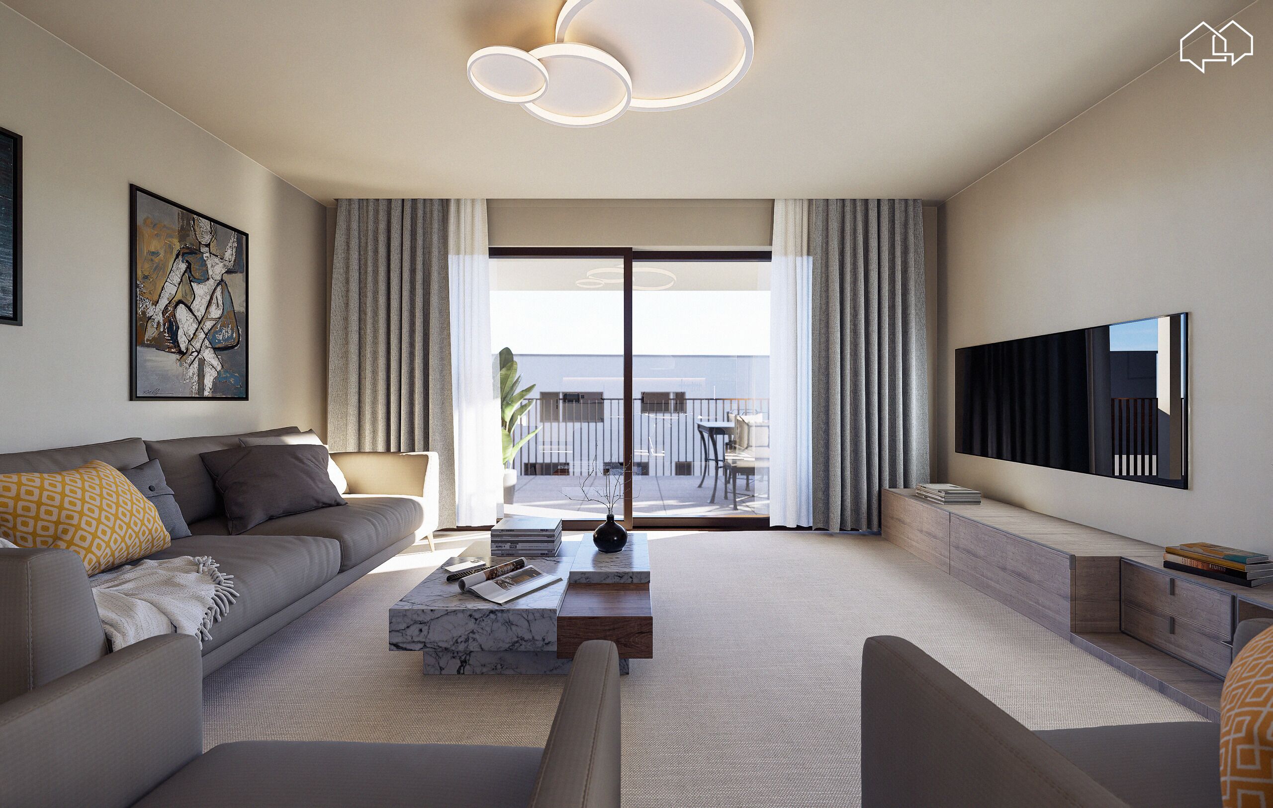 Modernes Wohnzimmer mit Balkonblick