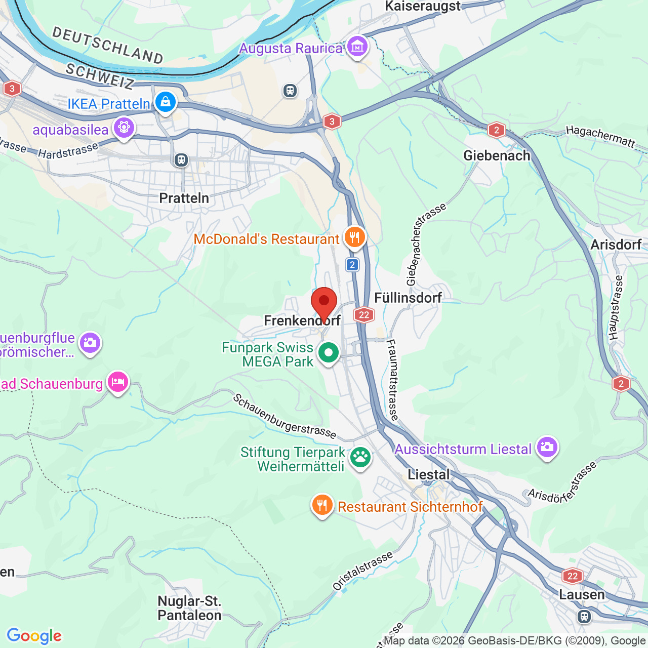 Kartenansicht mit Standortmarkierung in der Region Basel-Landschaft