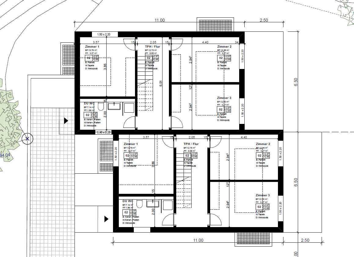 Grundriss mit zwei identischen Wohneinheiten