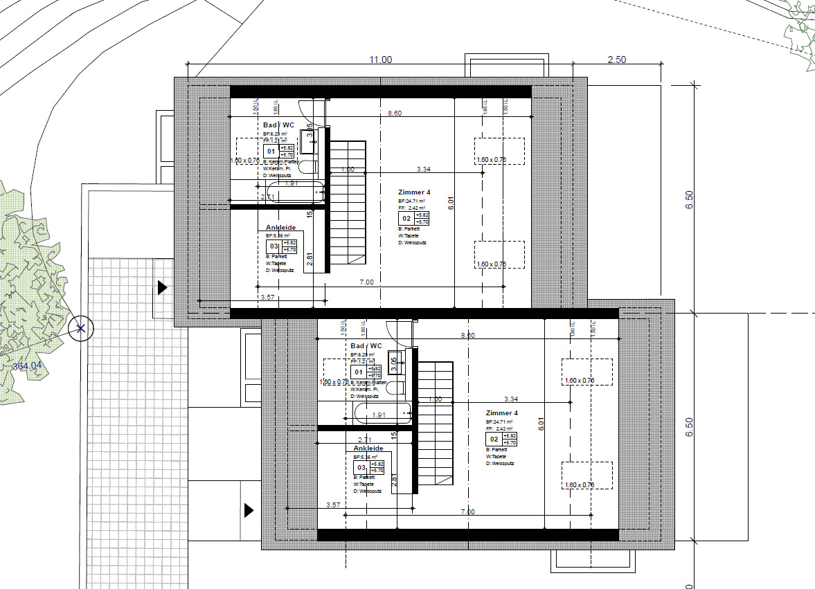 Grundriss mit zwei identischen Wohneinheiten