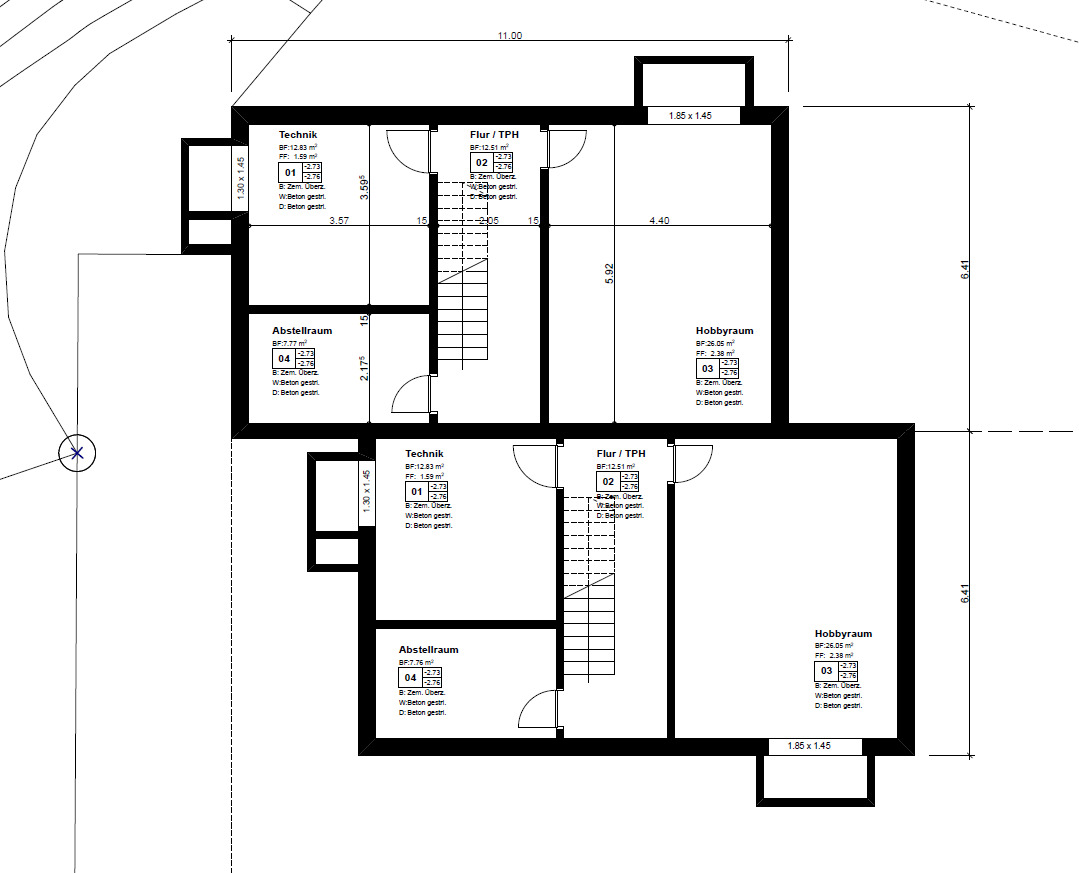 Grundriss mit Technik-, Abstell- und Hobbyräumen