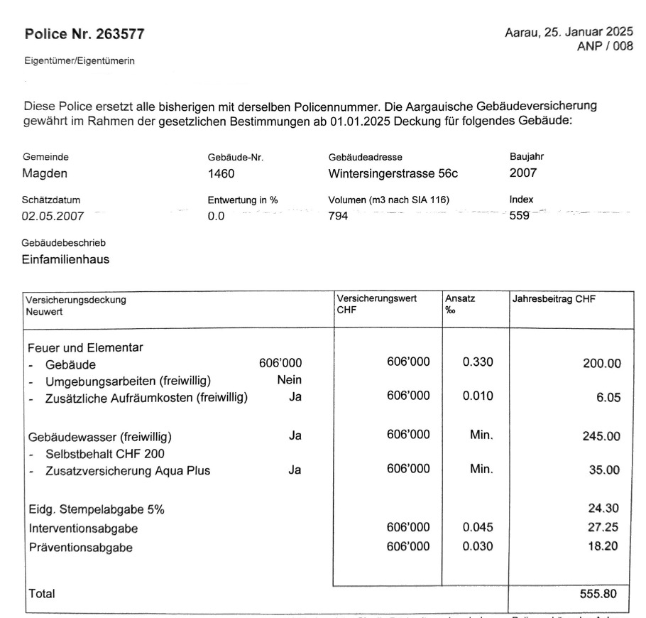 Versicherungsdokument mit Gebäudedaten