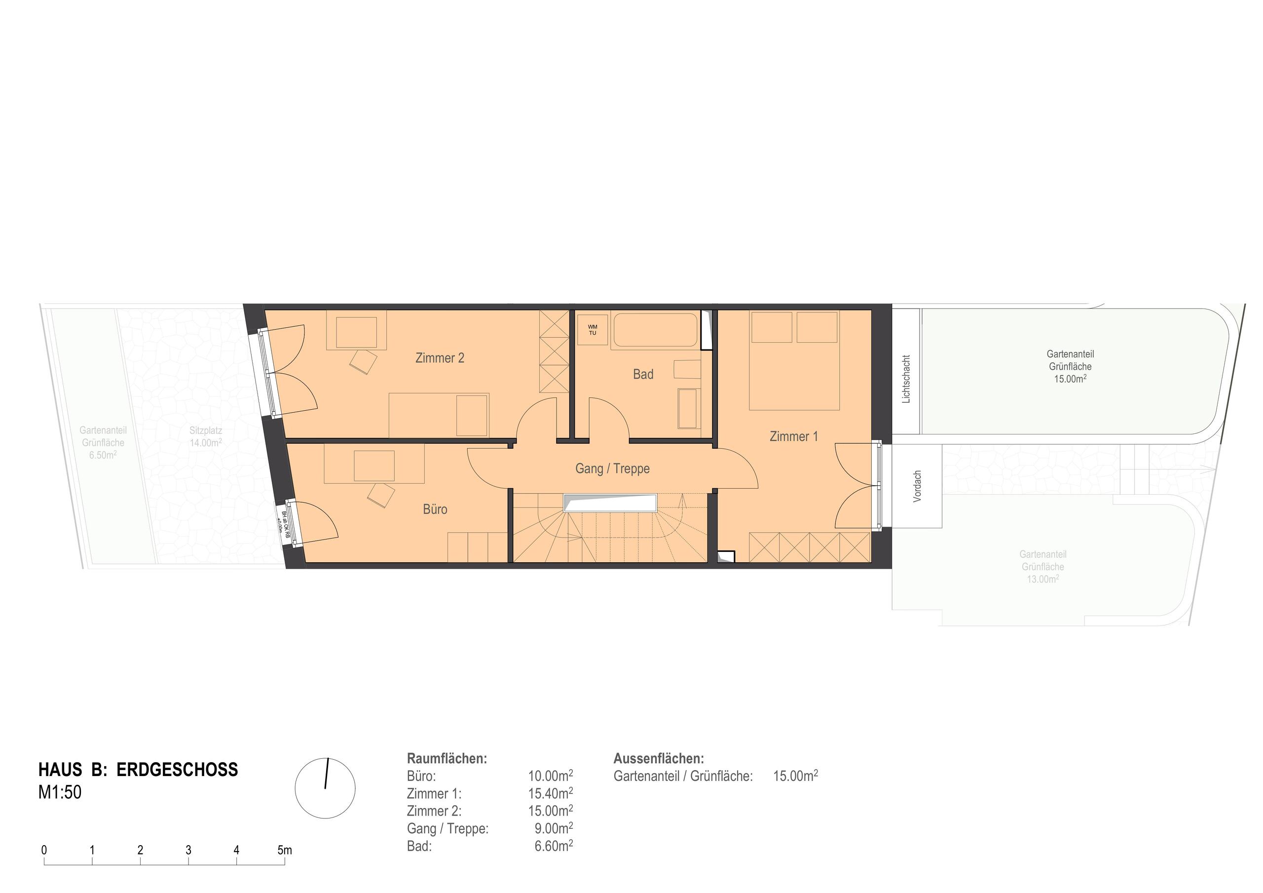 Grundriss eines Erdgeschosses mit Gartenanteilen