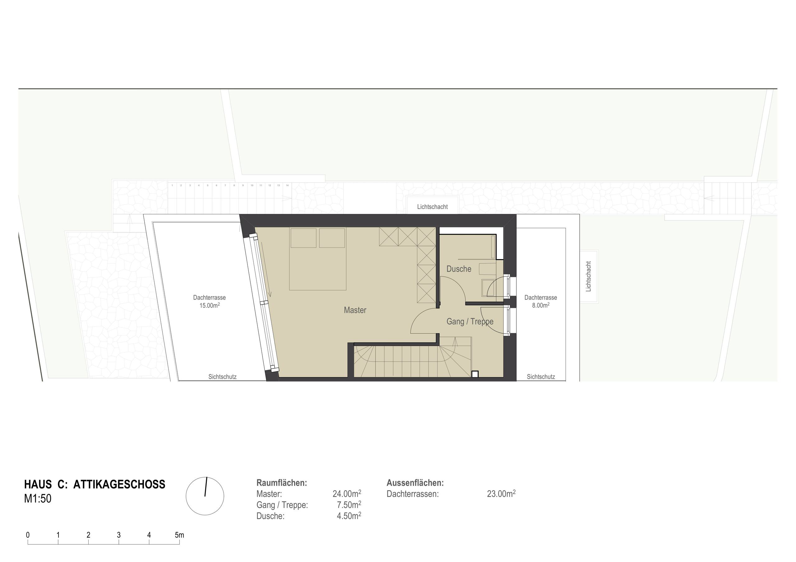 Dachgeschoss-Grundriss mit Master-Schlafbereich, Dusche und Dachterrassen