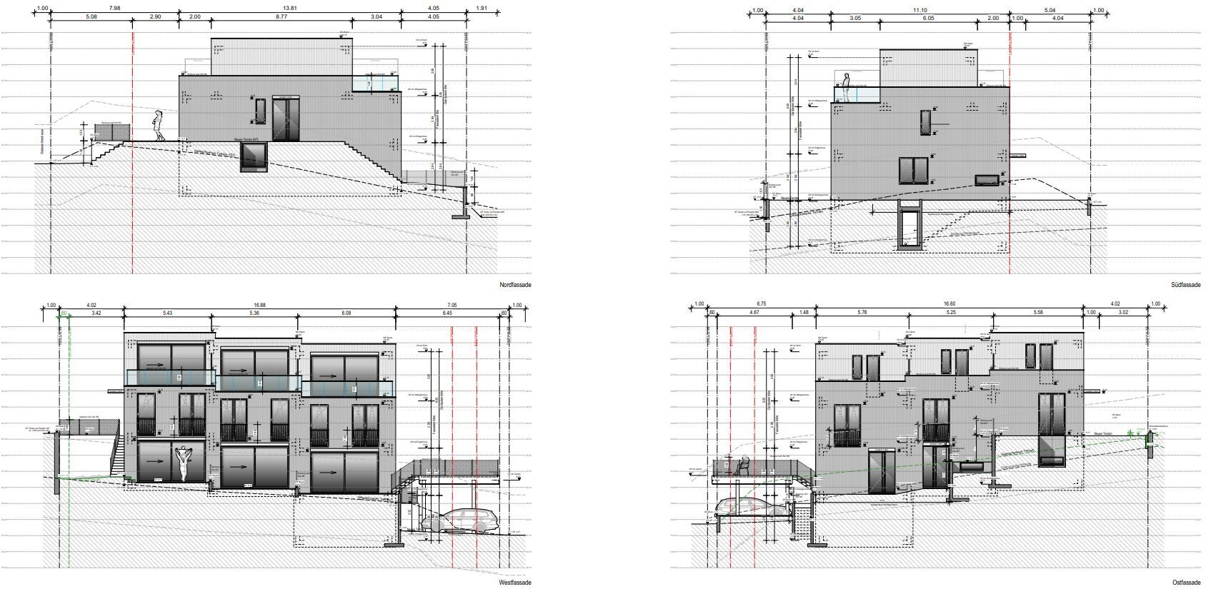 Architektonische Fassaden- und Schnittzeichnungen eines modernen Wohngebäudes