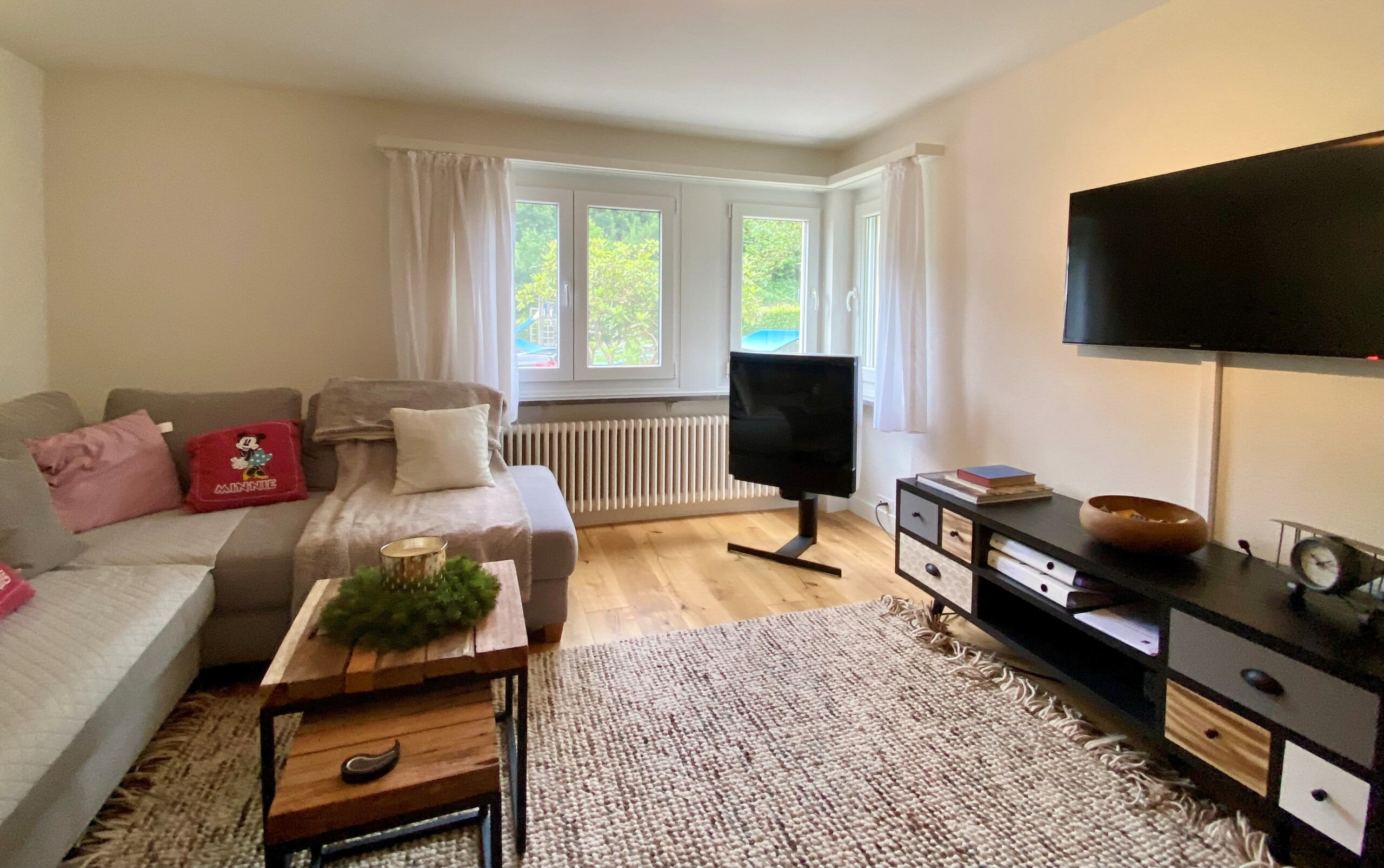 Gemütliches Wohnzimmer mit Ecksofa und TV