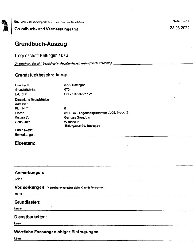 Grundbuch-Auszug mit Flurstücksdaten