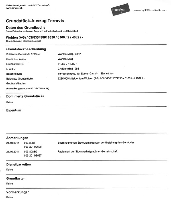 Grundstücksauszug / Dokumentenseite