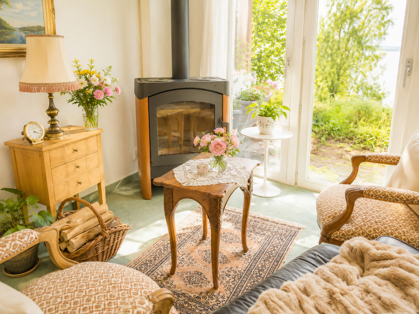 Gemütliches Wohnzimmer mit Kamin und Gartenblick