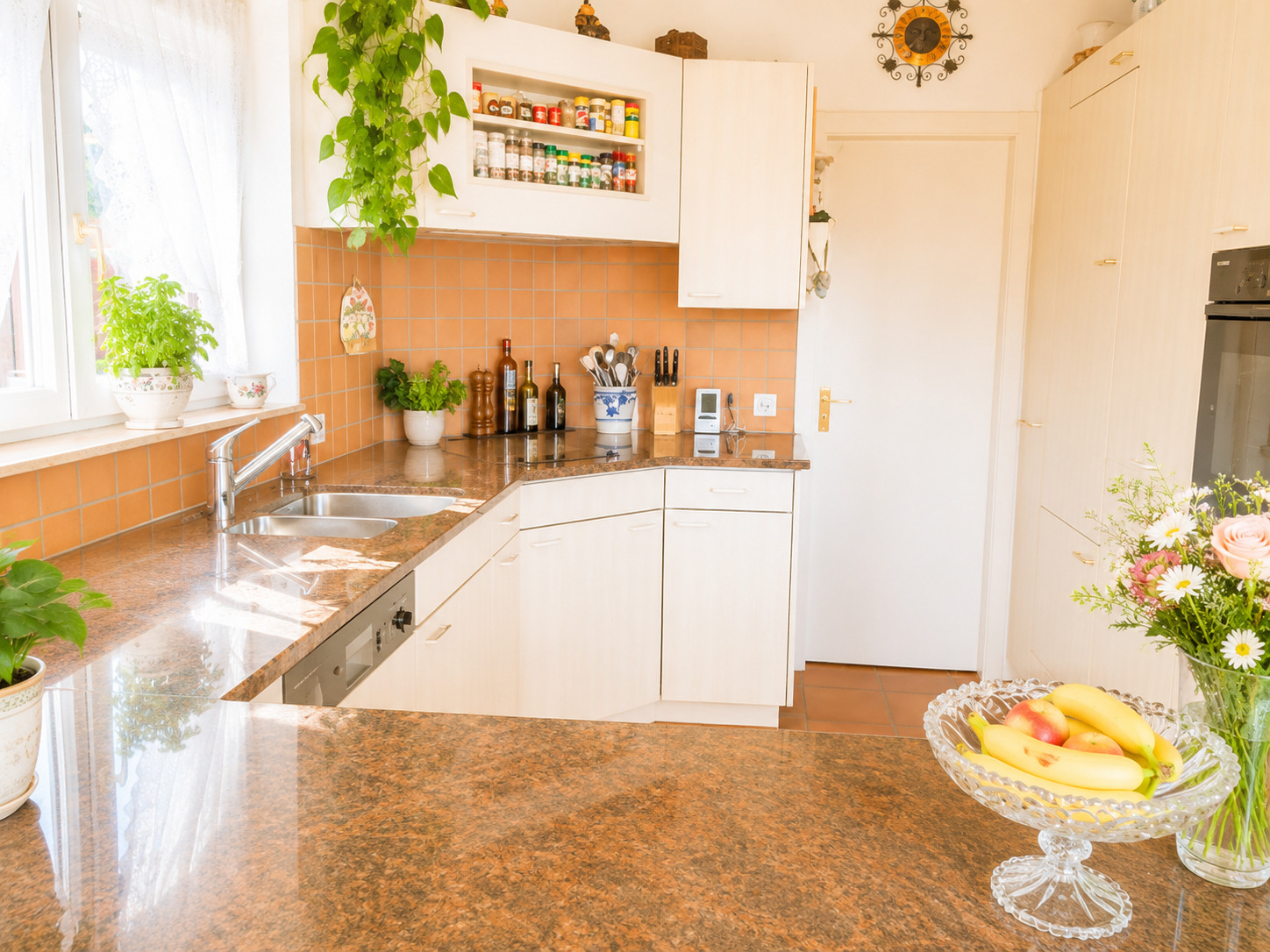 Helle, kompakte Küche mit warmen Terrakotta-Akzenten