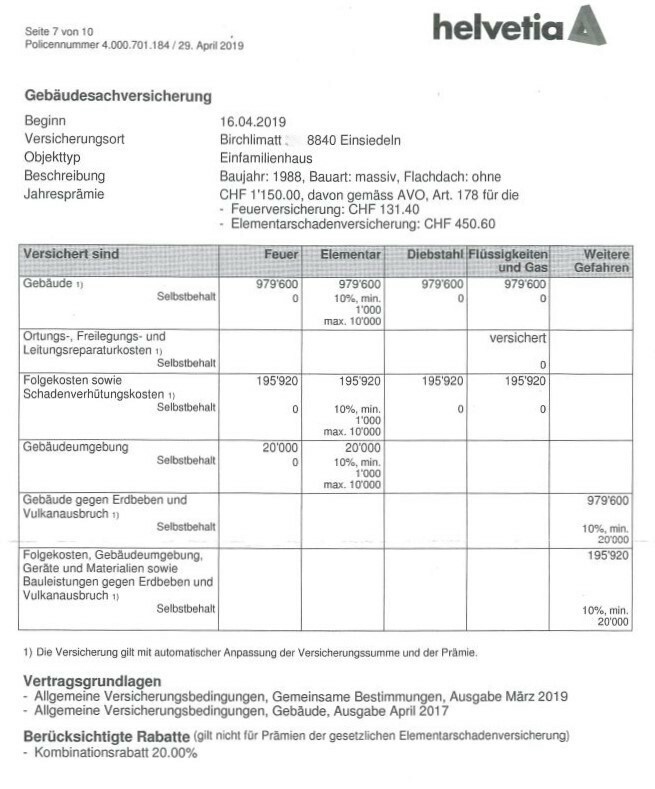 Versicherungsdokument mit Tabelle und Logo