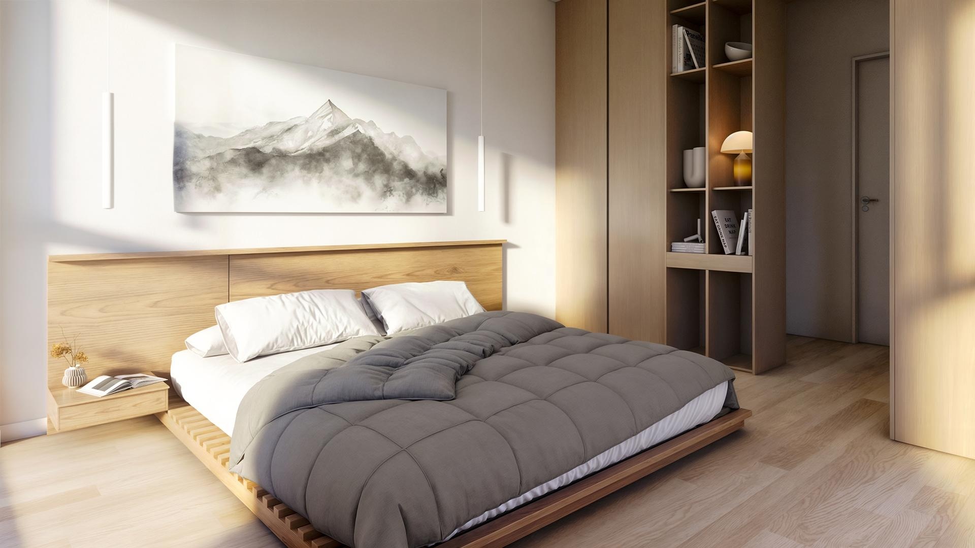 Helles Schlafzimmer mit Holzdetails