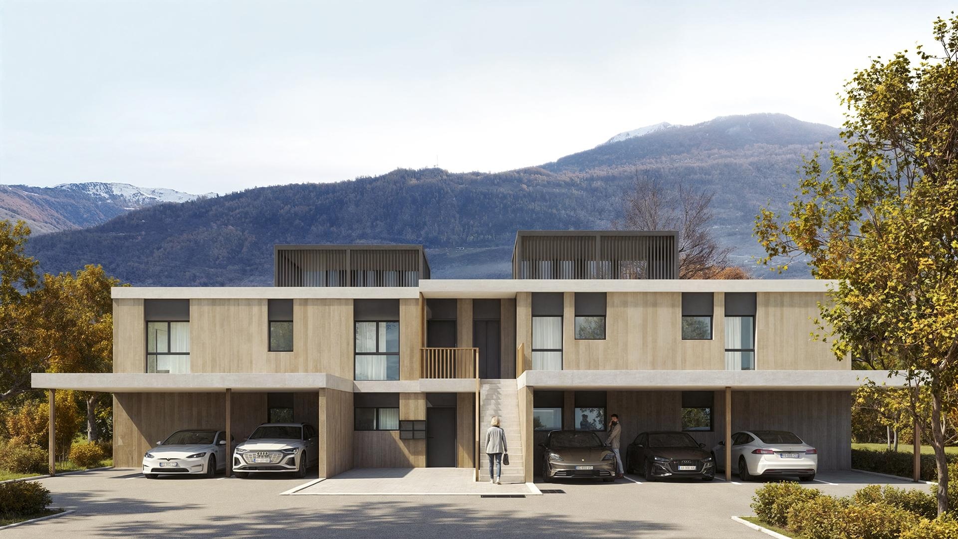 Moderne Wohnanlage mit Bergblick
