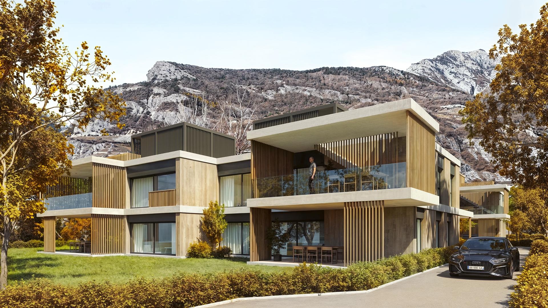 Moderne Architektur mit Bergkulisse