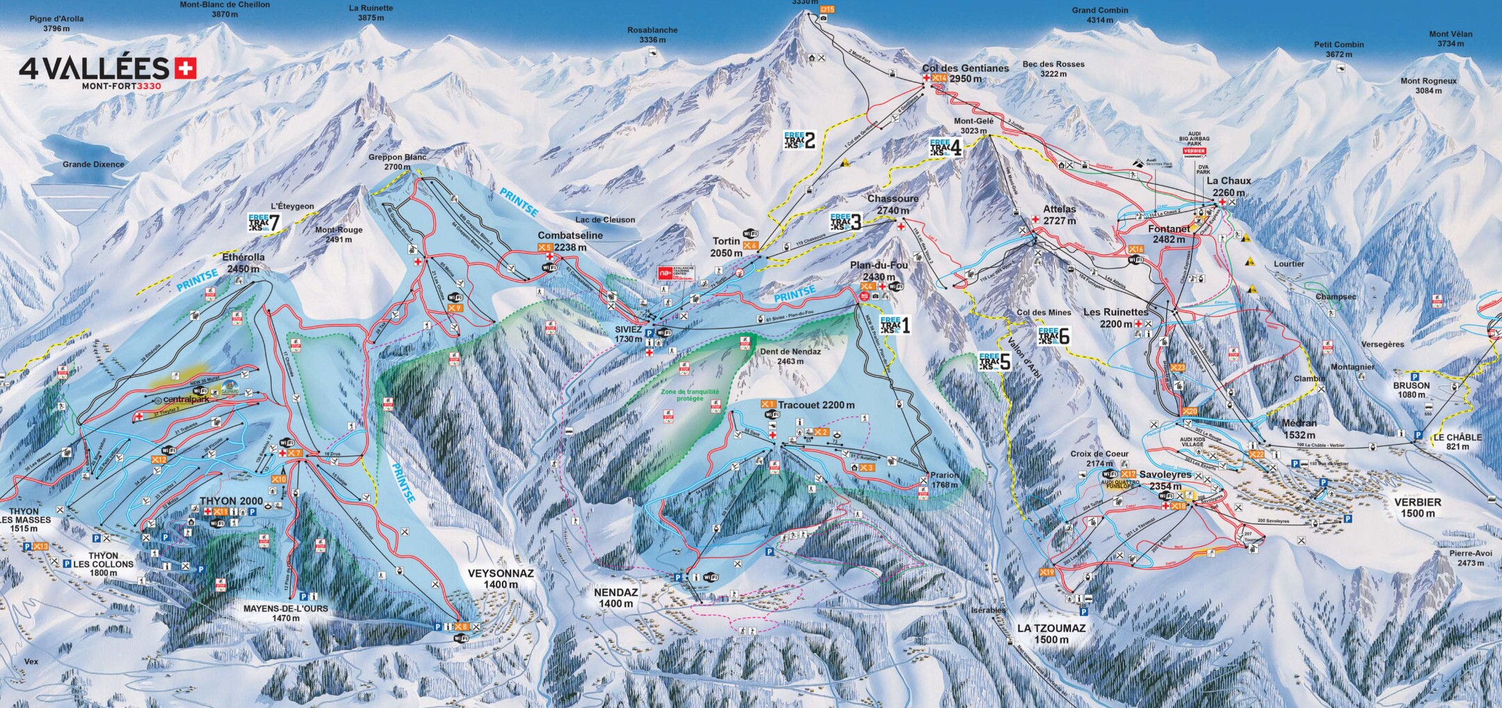Skigebietskarte der 4 Vallées