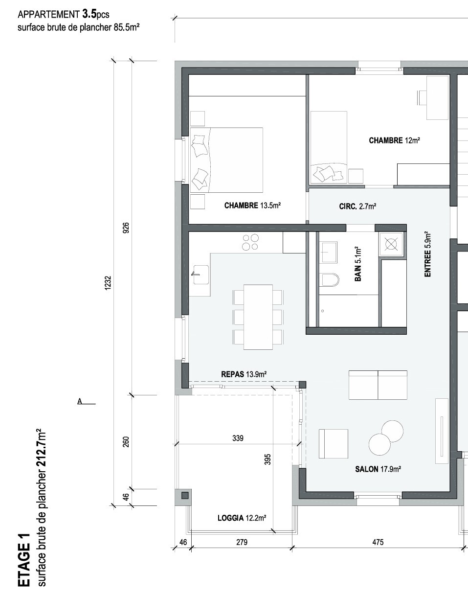 Wohnungsgrundriss mit 3 Zimmern und Loggia
