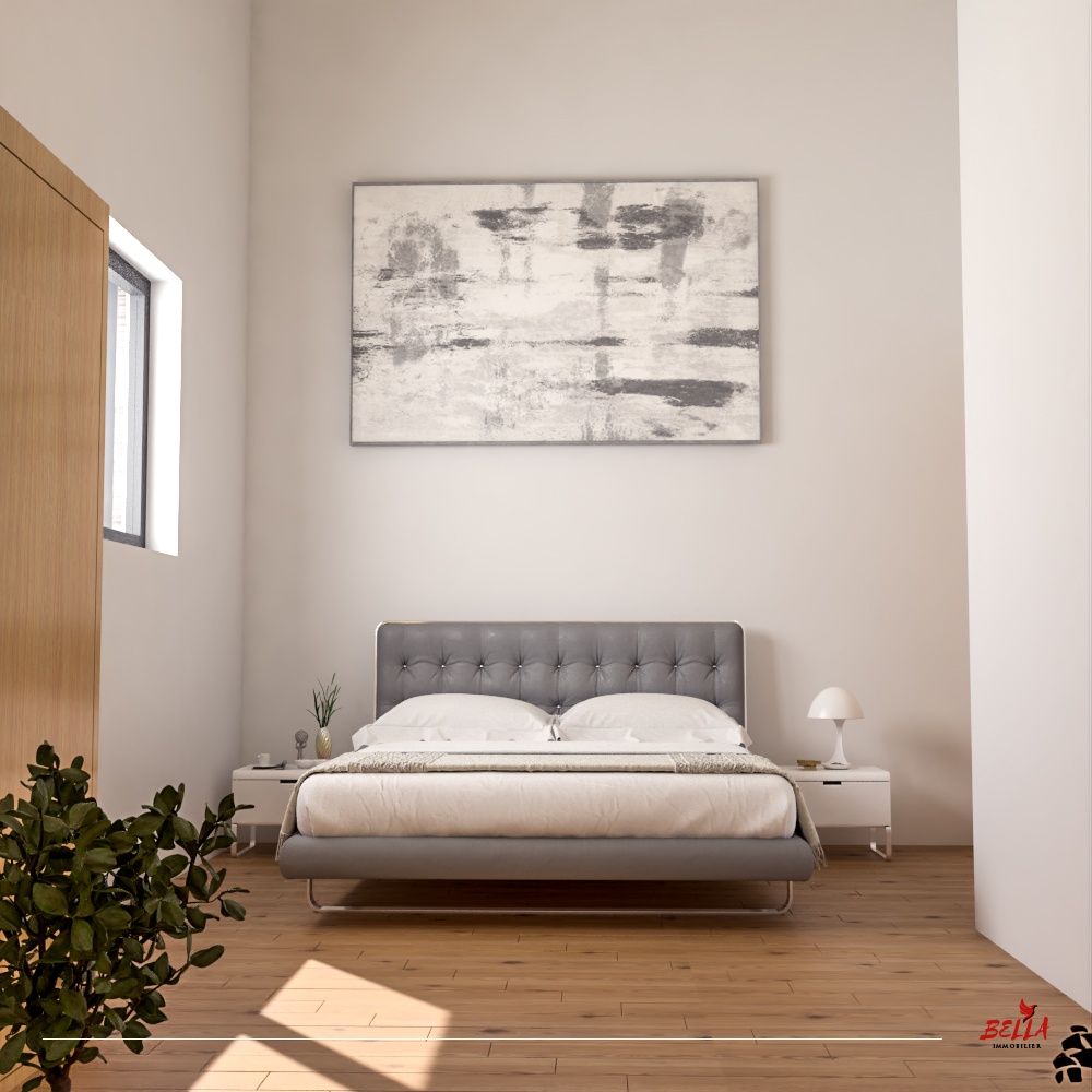 Modernes Schlafzimmer mit hohen Decken