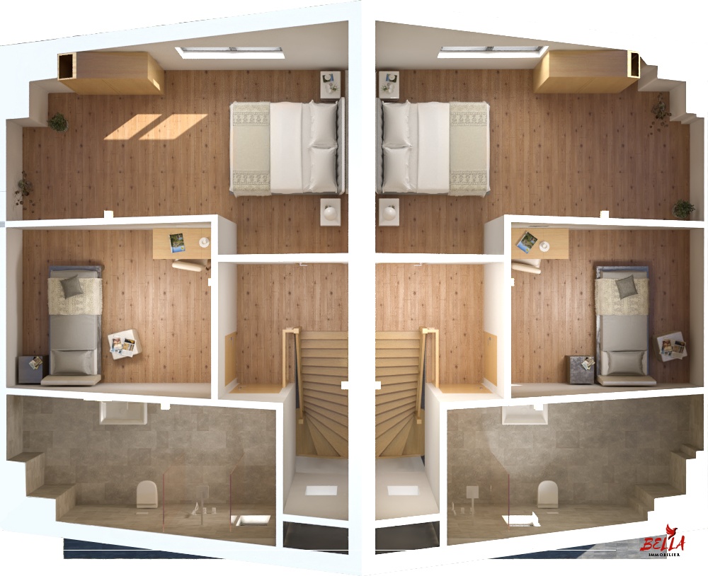 Grundriss eines Hauses mit Schlaf- und Badbereichen
