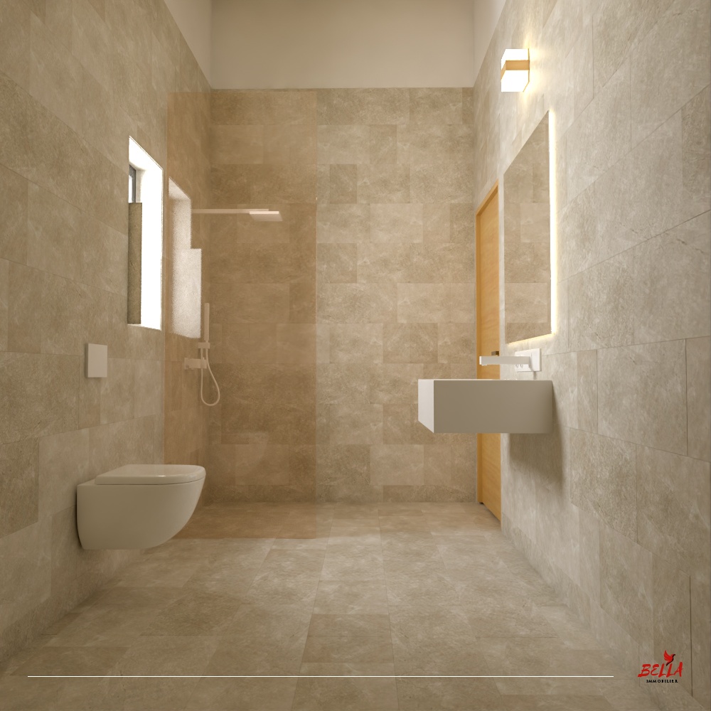 Modernes minimalistisches Badezimmer/WC mit Natursteinoptik
