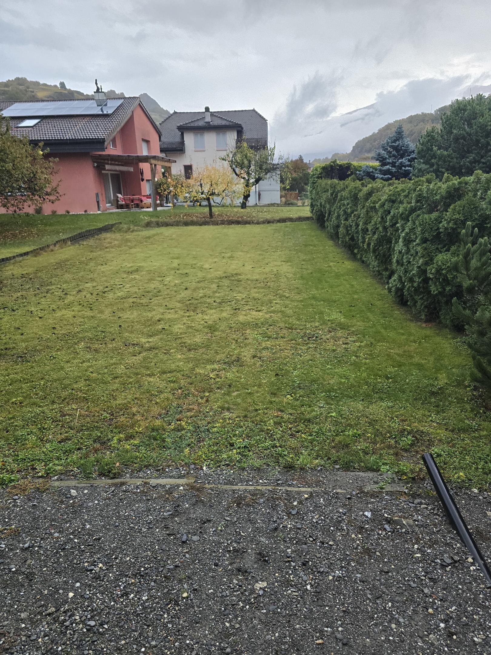 Großer Garten mit Wohnhäusern und Bergkulisse