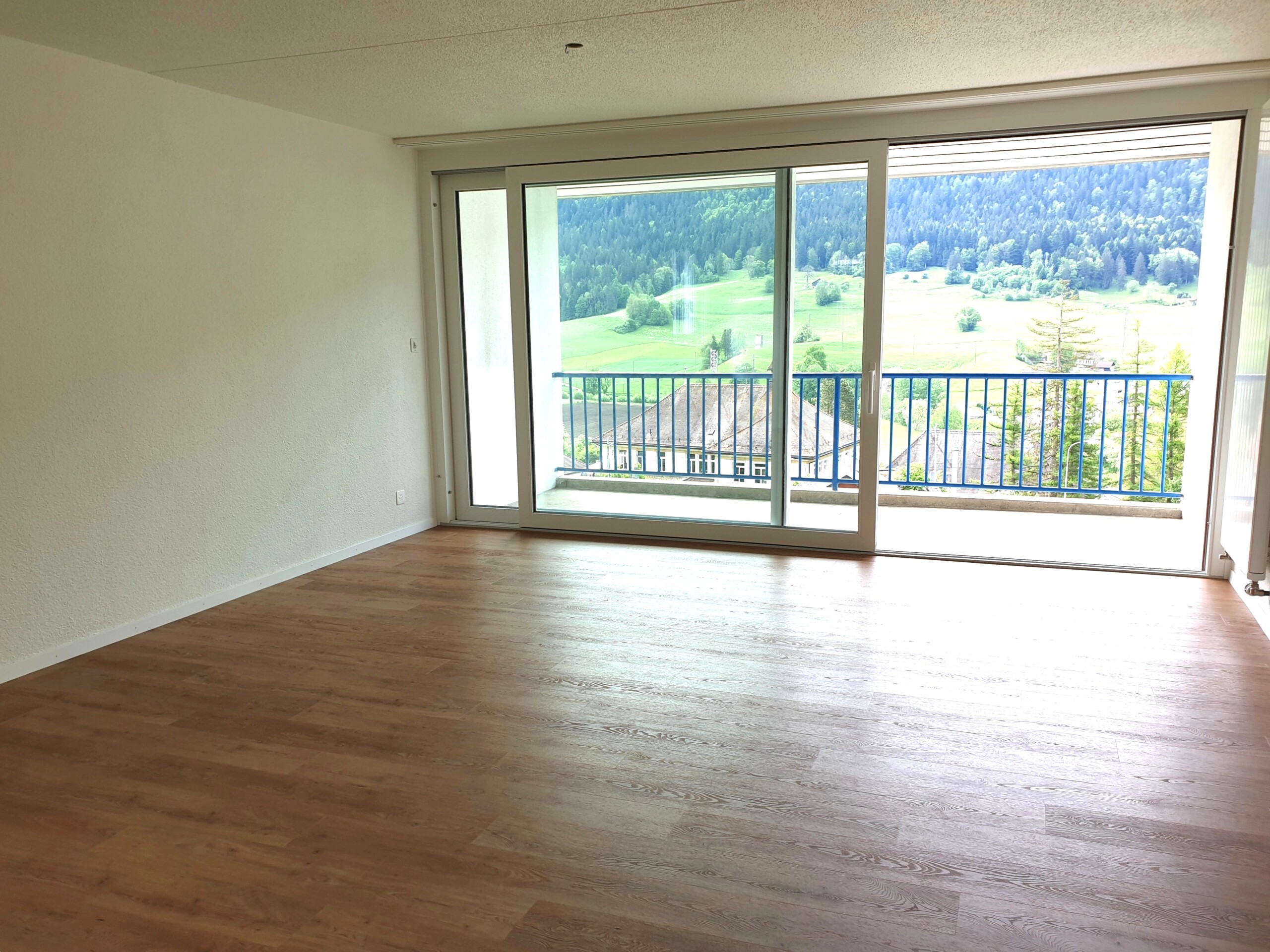 Leerer Wohnraum mit Balkonblick