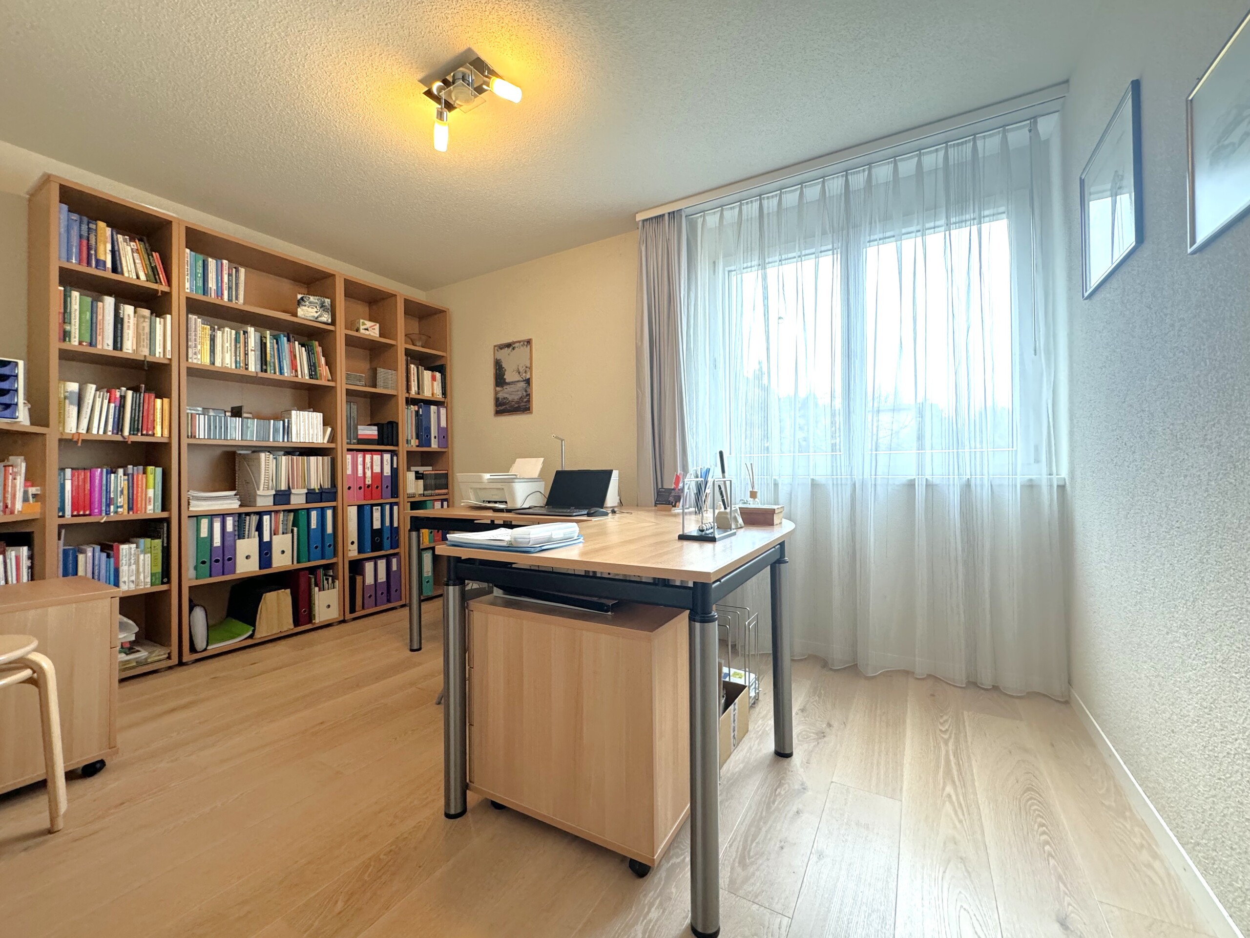 Arbeitszimmer mit Bücherregalen und großem Fenster