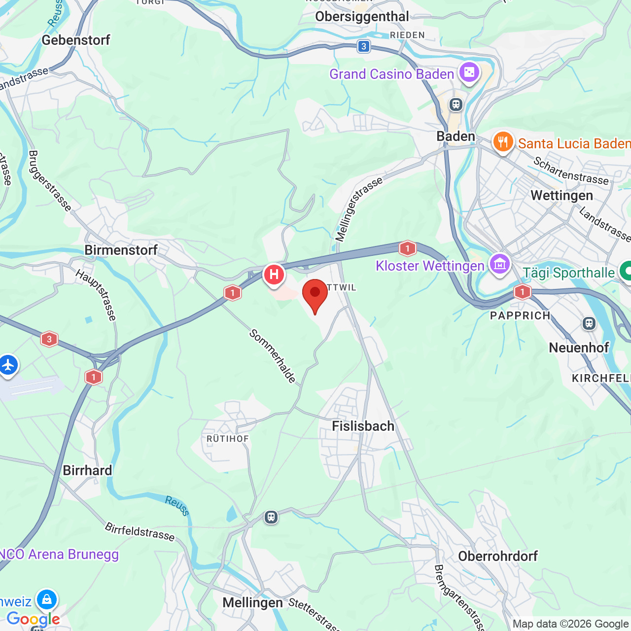 Kartenausschnitt mit Standortmarkierung bei Turgi/Wettingen