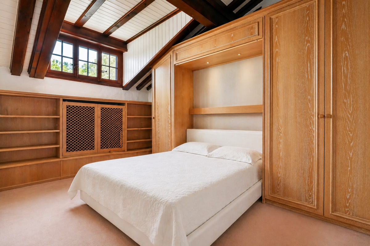 Holzvertäfeltes Schlafzimmer mit Einbauschränken