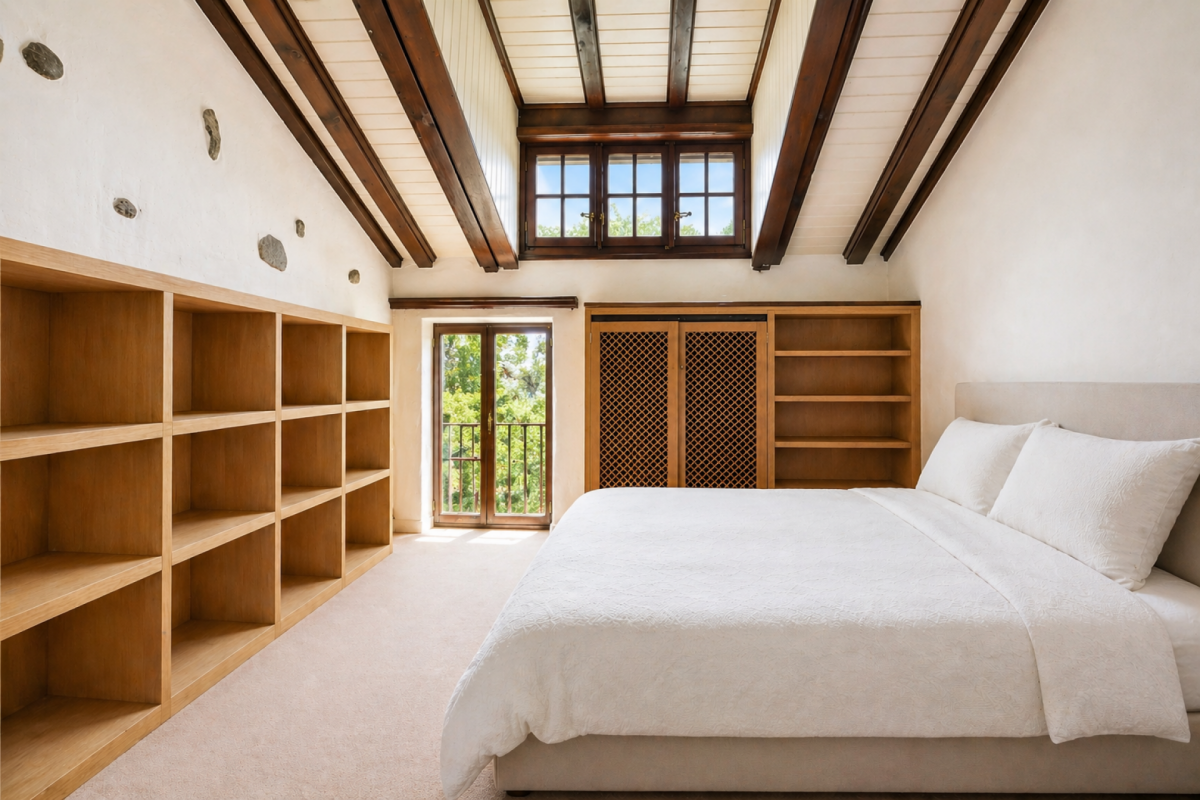 Helles Schlafzimmer mit Dachschrägen und Holzregalen