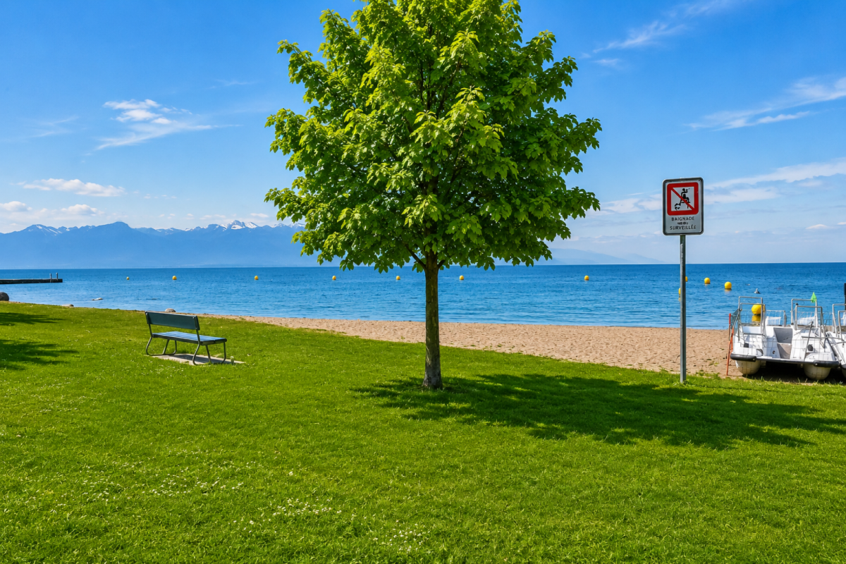 Seeufer mit Baum und Bank