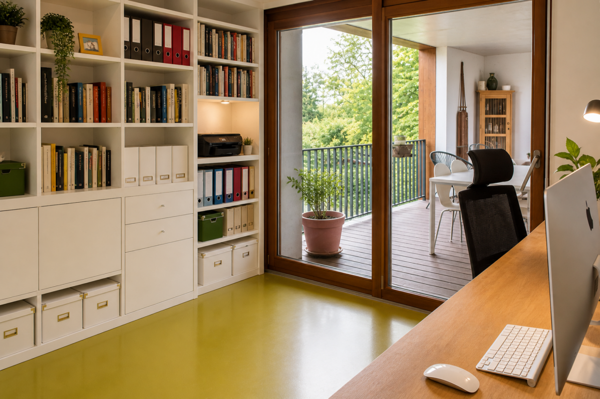 Heimisches Arbeitszimmer mit Balkonblick