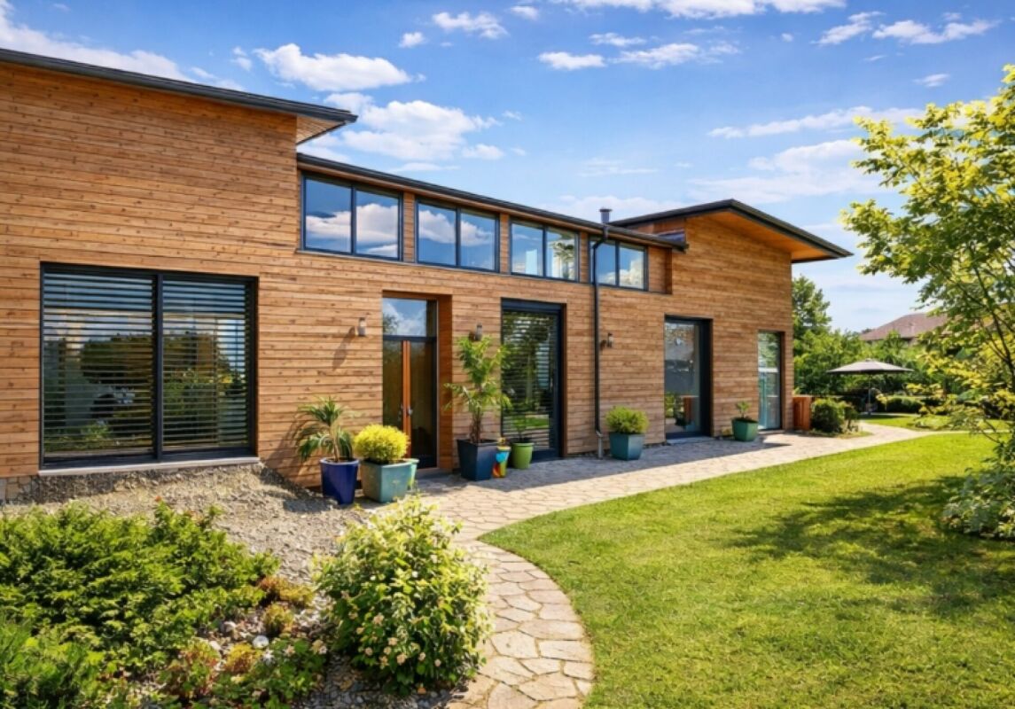 Moderne Holzhaus-Ansicht mit Garten