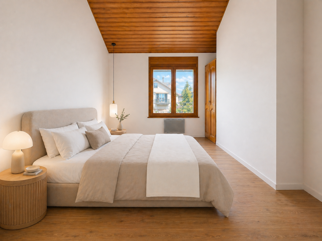 Helles Schlafzimmer mit Holzdecke