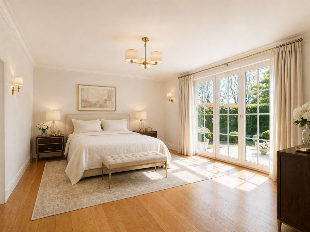 Helles Schlafzimmer mit Gartenblick