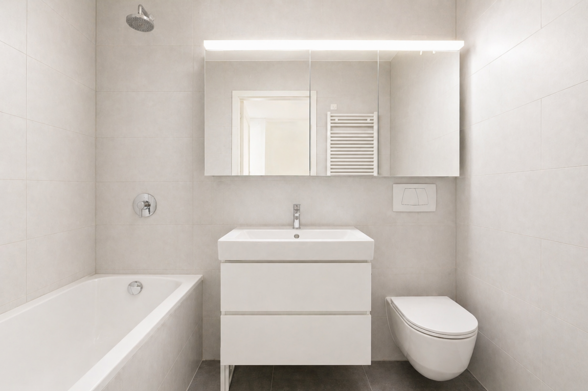 Modernes Badezimmer mit Badewanne, Waschtisch und wandhängendem WC