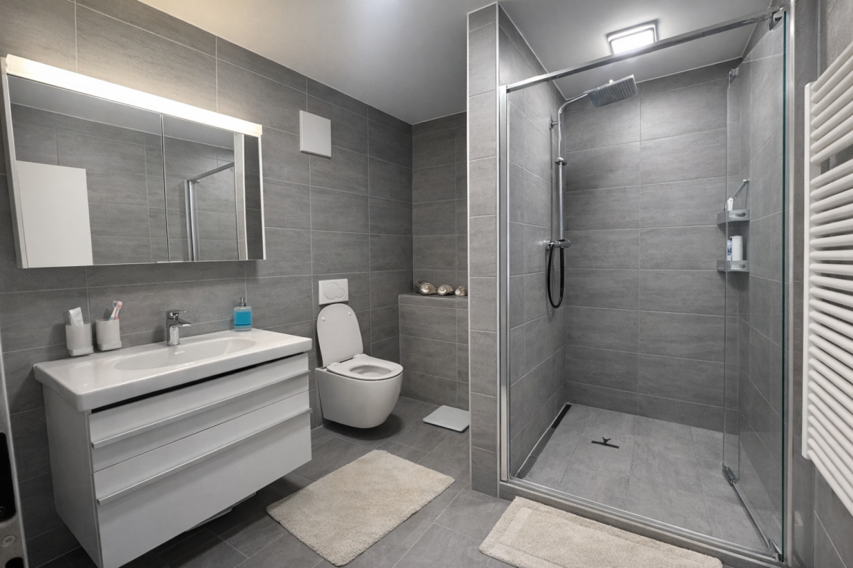 Modernes graues Badezimmer mit Dusche und WC