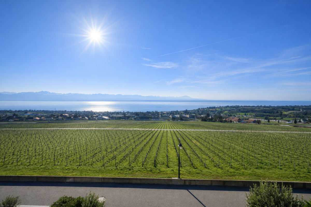 Panoramablick auf See und Weinberg