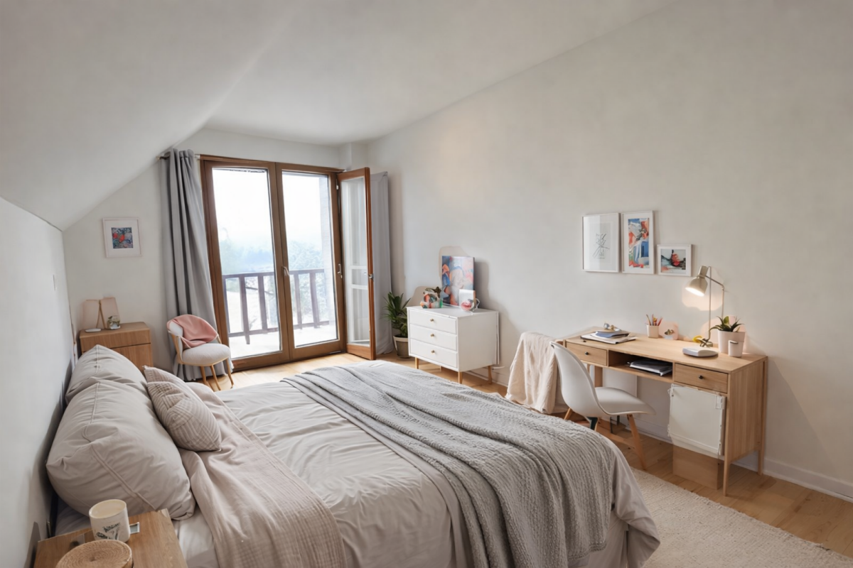 Helles Schlafzimmer mit Balkon und Arbeitsplatz