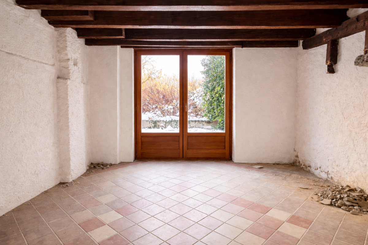 Rustikaler Raum mit Holzdecke und Fenstertür