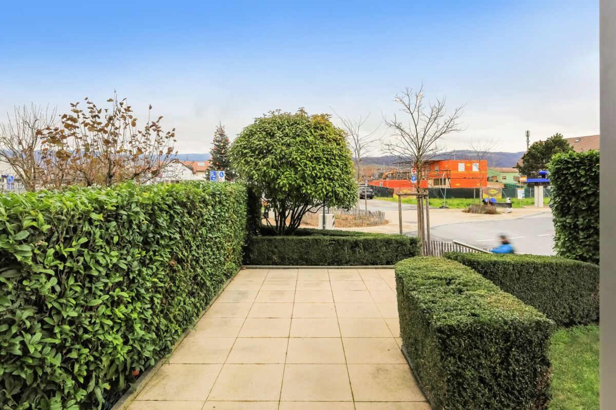 Gepflegte Terrasse mit Hecken und Ausblick