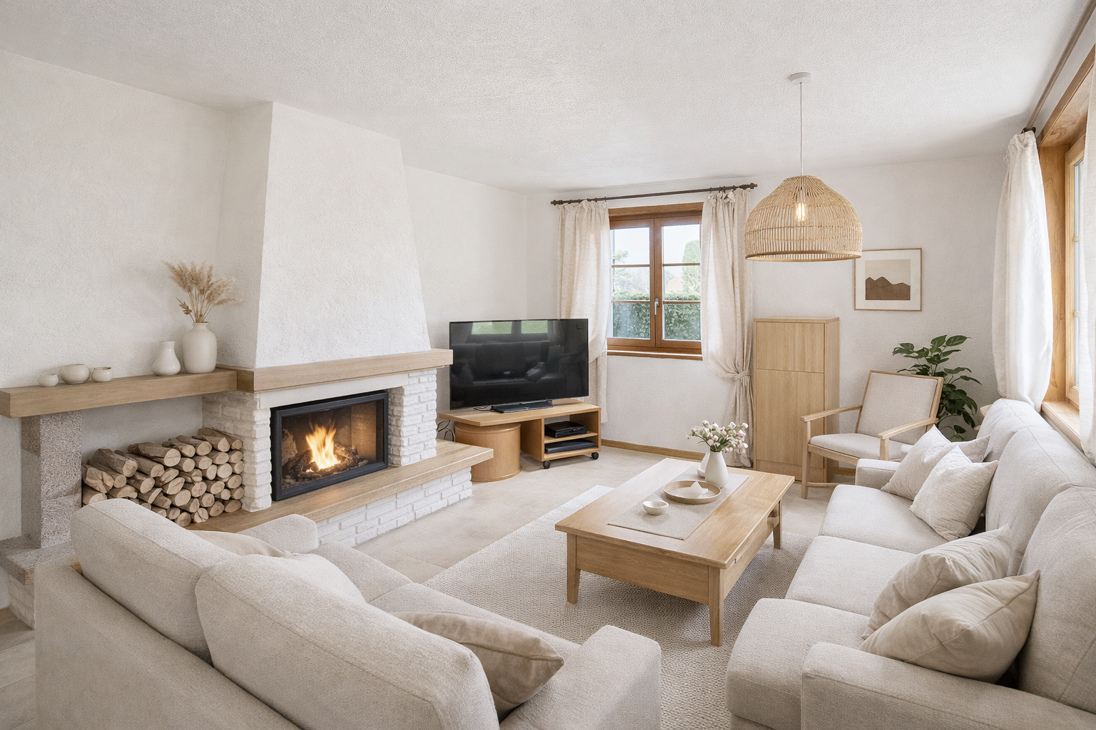 Heller Wohnraum mit Kamin und gemütlicher Sitzgruppe
