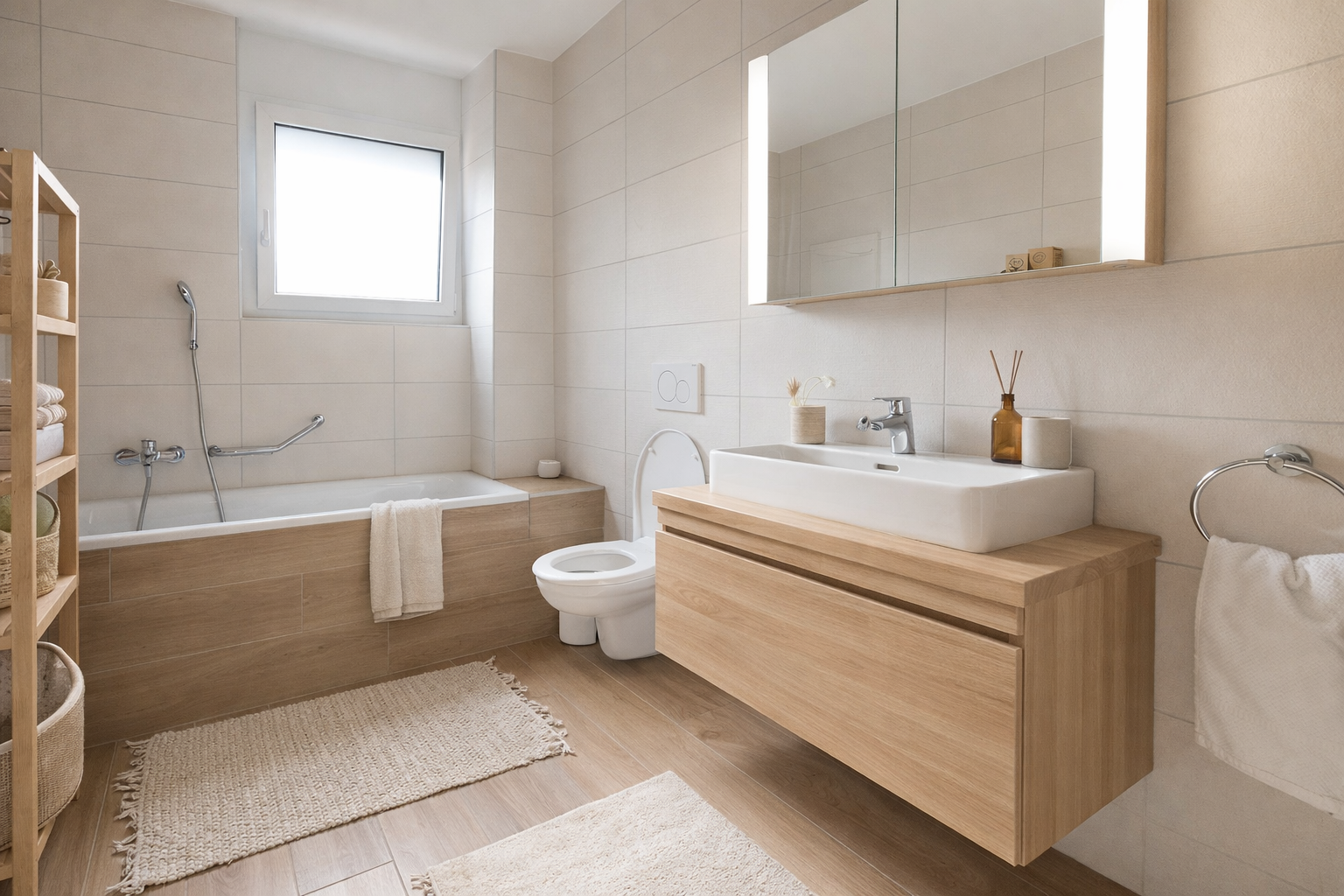 Helles, modernes Badezimmer mit Badewanne und Holzwaschtisch