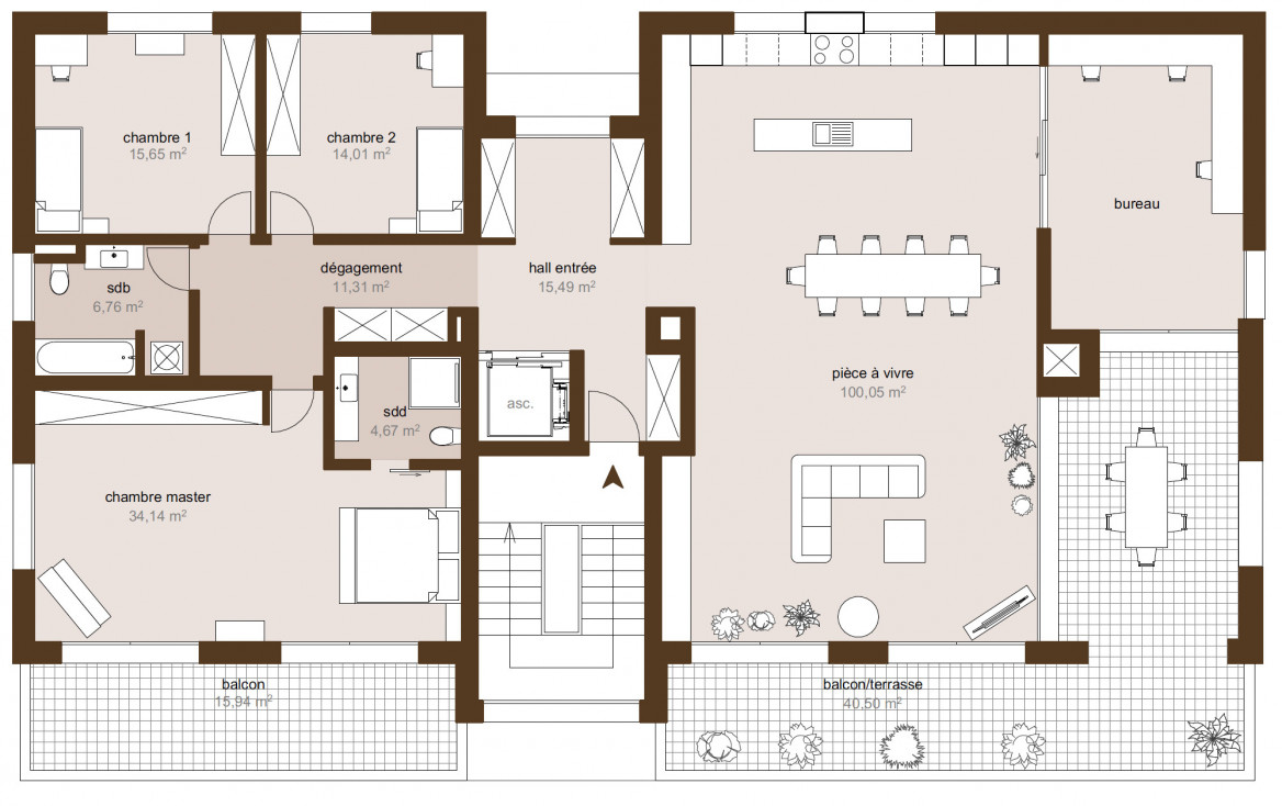 Grundriss einer großzügigen Wohnung mit Balkon und Terrasse