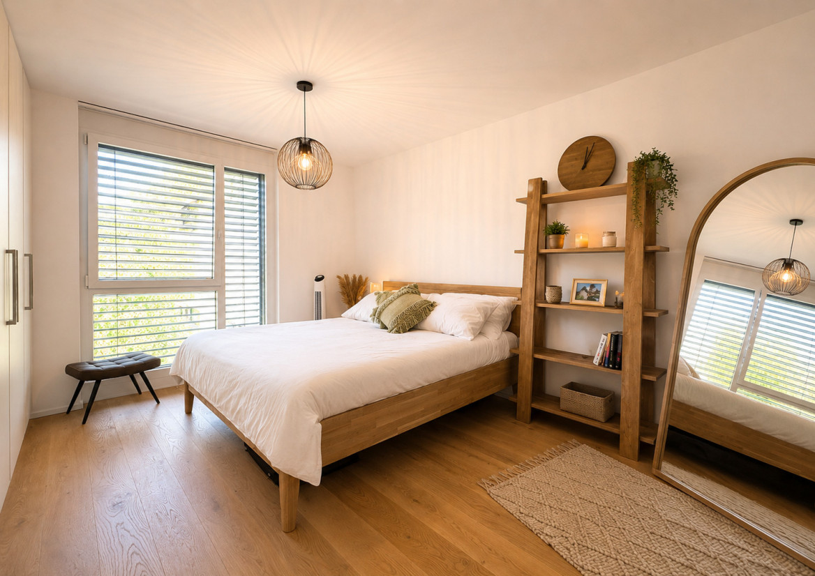 Helles Schlafzimmer mit Holzmöbeln