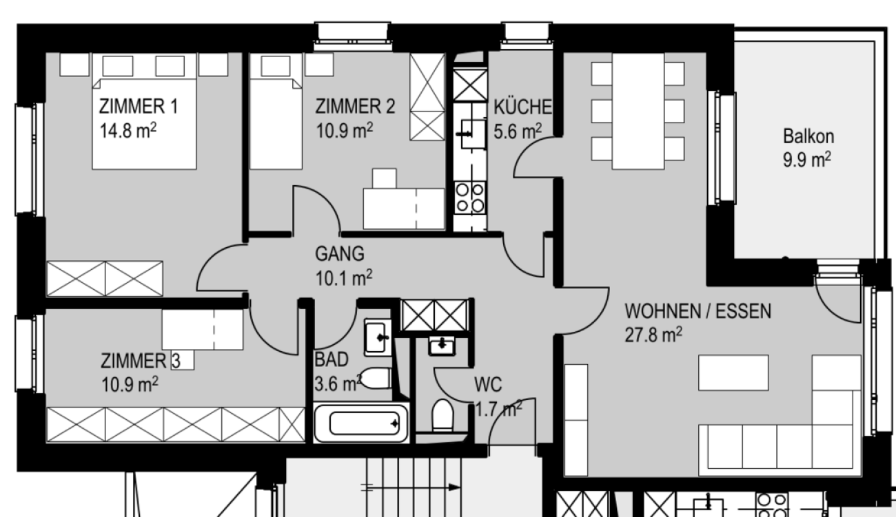 Grundriss einer Wohnung mit mehreren Zimmern, Küche, Bad, WC, Gang und Balkon