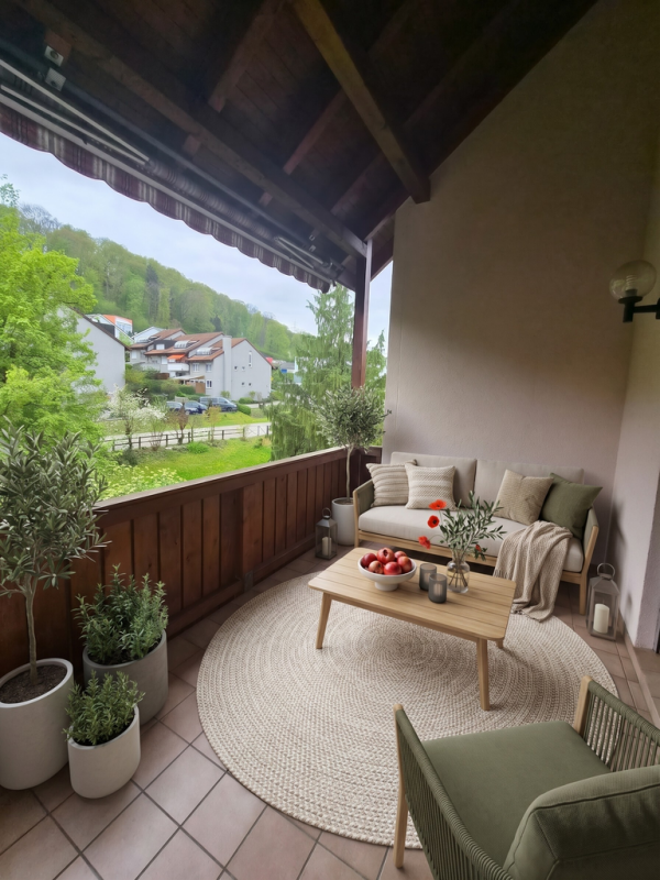 Überdachter Balkon mit Sitzgruppe
