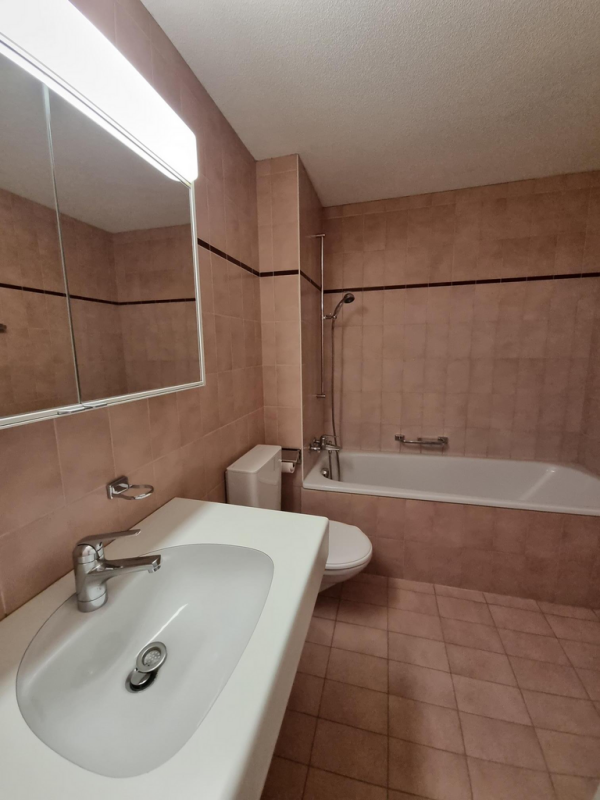 Badezimmer mit Wanne und Waschplatz