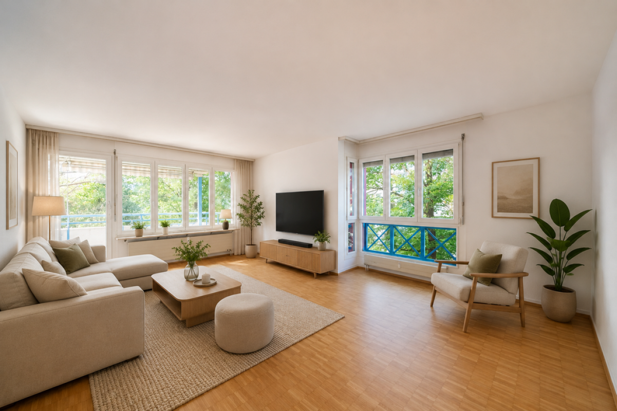 Helles Wohnzimmer mit großer Fensterfront