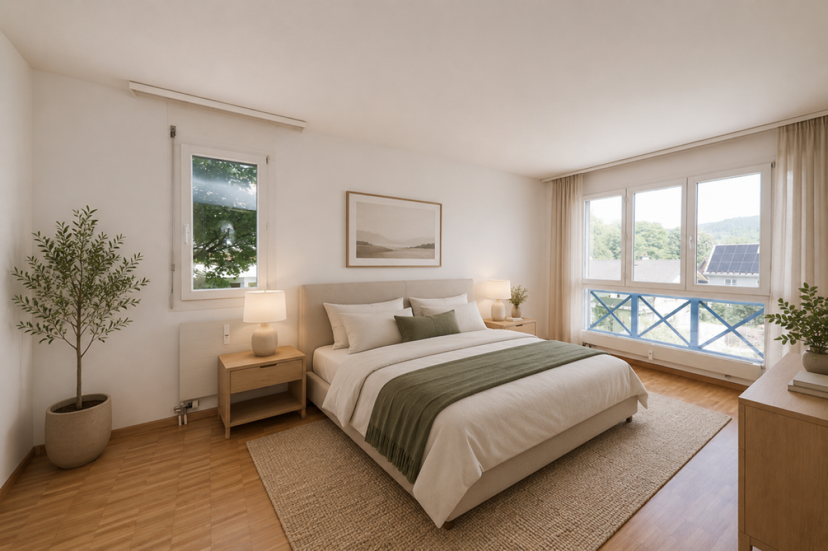 Helles Schlafzimmer mit großem Fenster und Bett