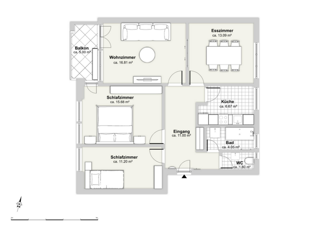 Grundriss einer 3-Zimmer-Wohnung mit Balkon